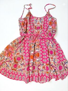 Elings Vibrant‎ Pink & Orange Paisley Boho Dress Large